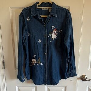 Cabin Creek Embroidered Denim Shirt with Snowman Design Size medium